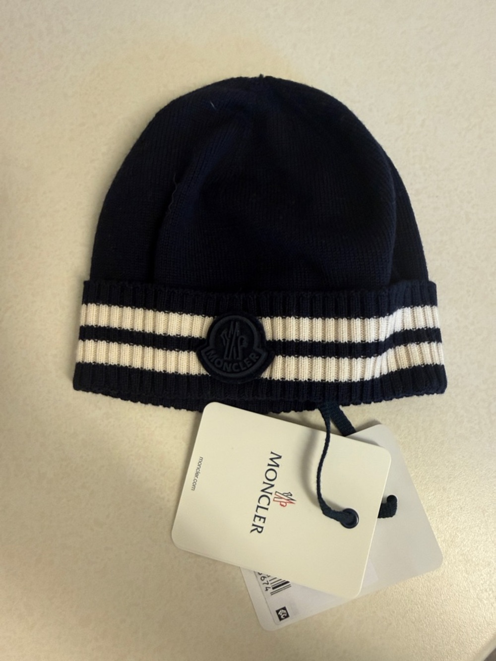 New Moncler Navy and White Striped Cuffed Beanie